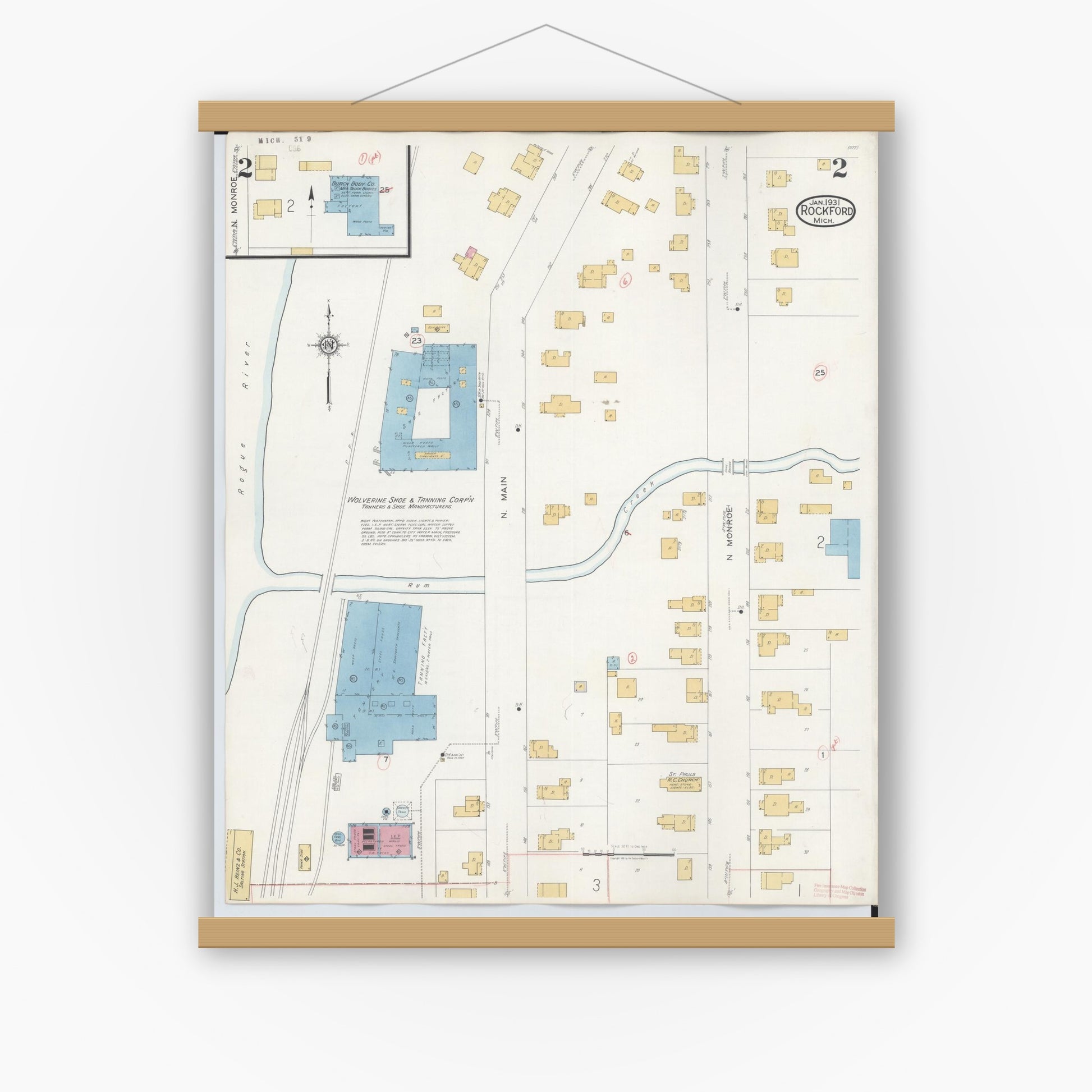Old map wall art mockup — magnetic wood frame on white wall — Sanborn Fire Insurance Map from Rockford, Kent County, Michigan (1931), Sheet #0002