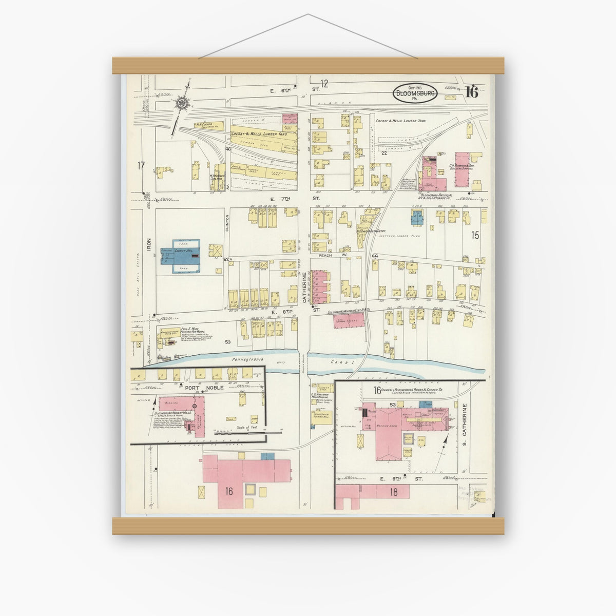 Old map wall art mockup — magnetic wood frame on white wall — Sanborn Fire Insurance Map from Bloomsburg, Columbia County, Pennsylvania (1913), Sheet #0016