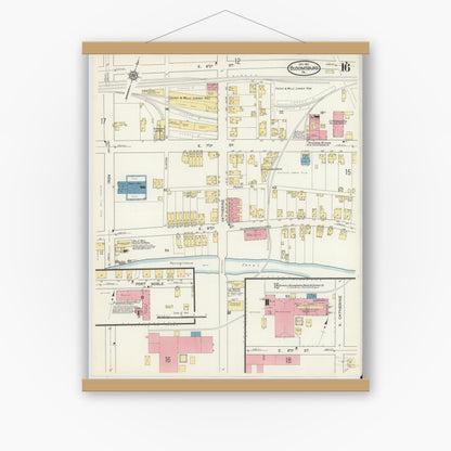 Old map wall art mockup — magnetic wood frame on white wall — Sanborn Fire Insurance Map from Bloomsburg, Columbia County, Pennsylvania (1913), Sheet #0016