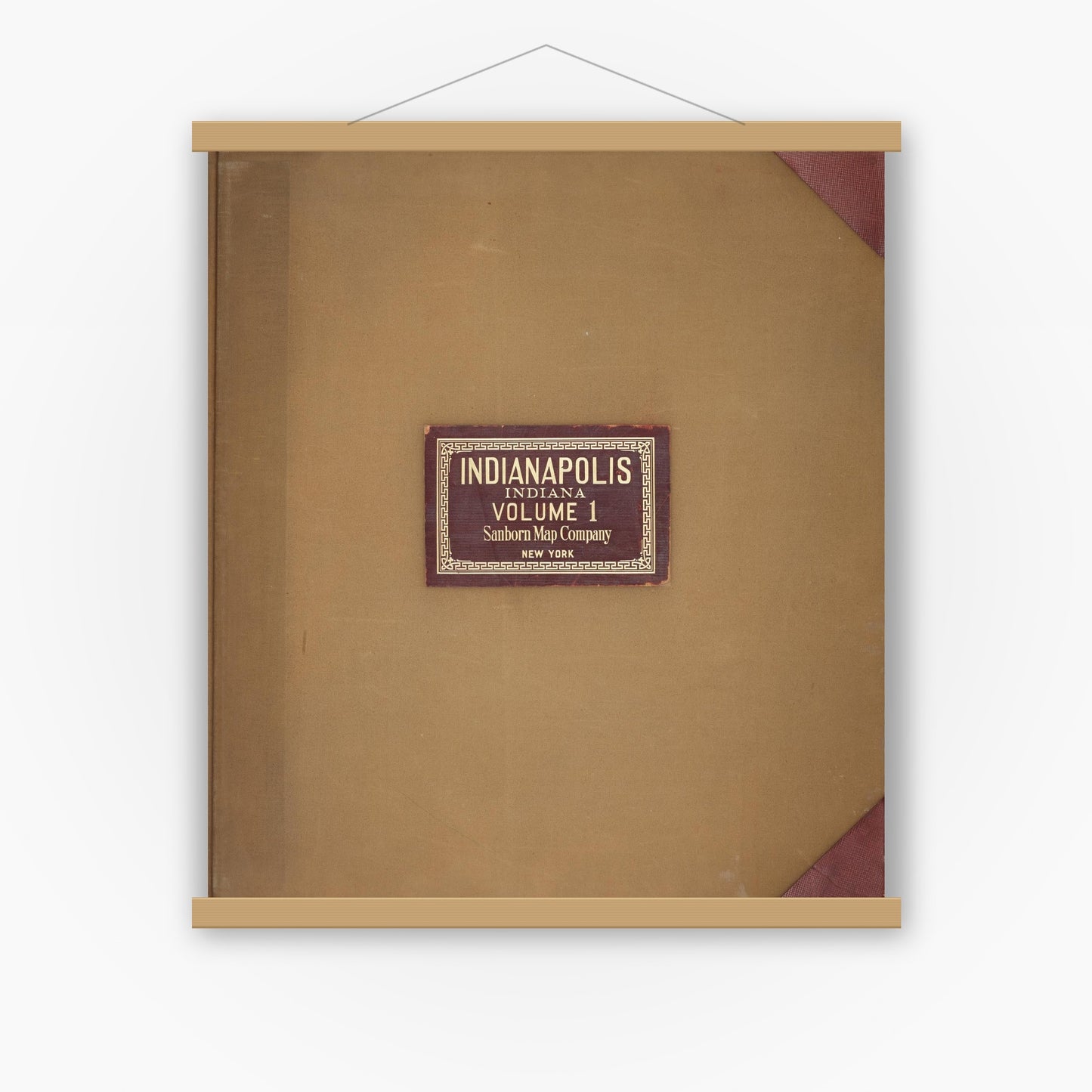 Old map wall art mockup — magnetic wood frame on white wall — Sanborn Fire Insurance Map from Indianapolis, Marion County, Indiana (1950), Sheet #0001
