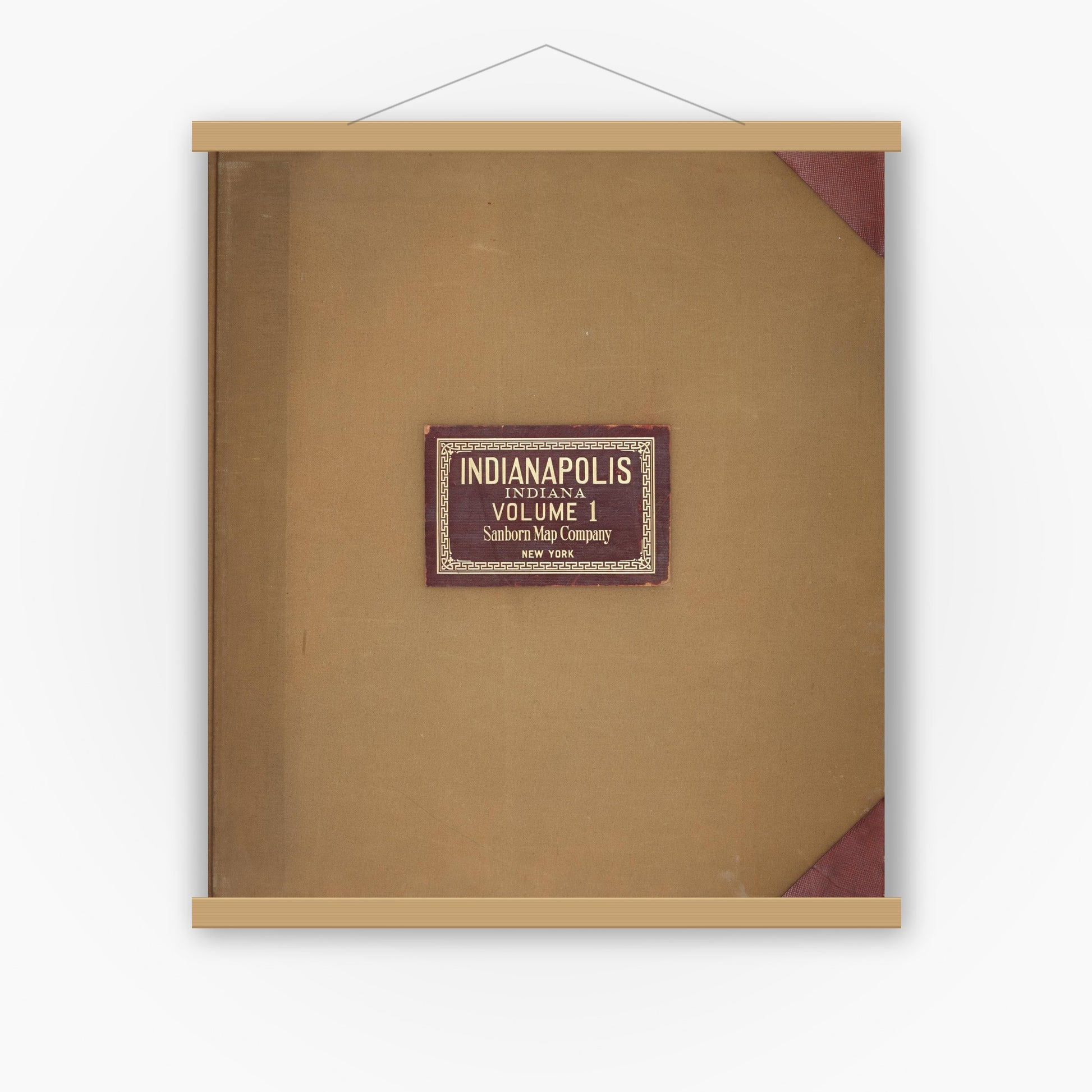 Old map wall art mockup — magnetic wood frame on white wall — Sanborn Fire Insurance Map from Indianapolis, Marion County, Indiana (1950), Sheet #0001