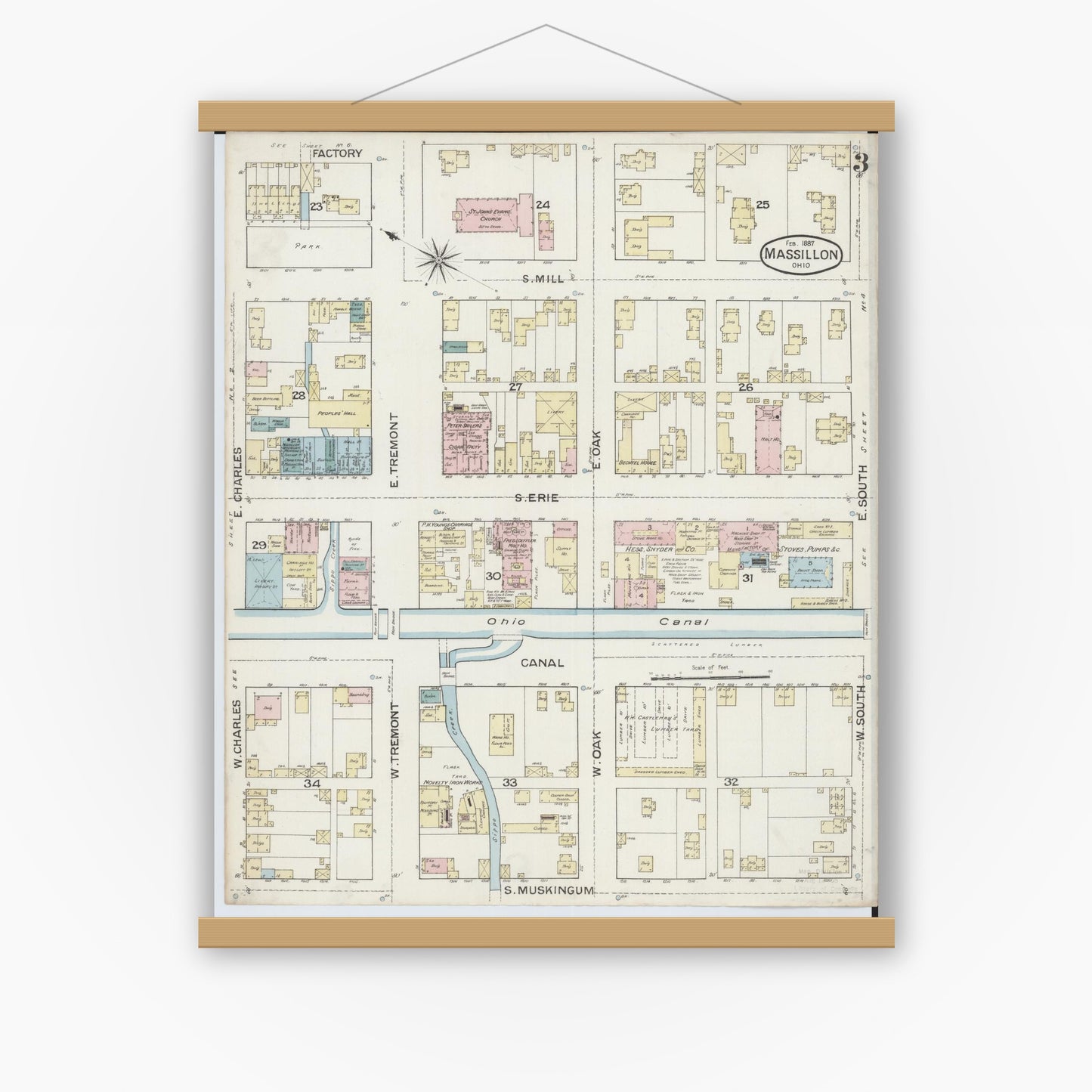Old map wall art mockup — magnetic wood frame on white wall — Sanborn Fire Insurance Map from Massillon, Stark County, Ohio (1887), Sheet #0003
