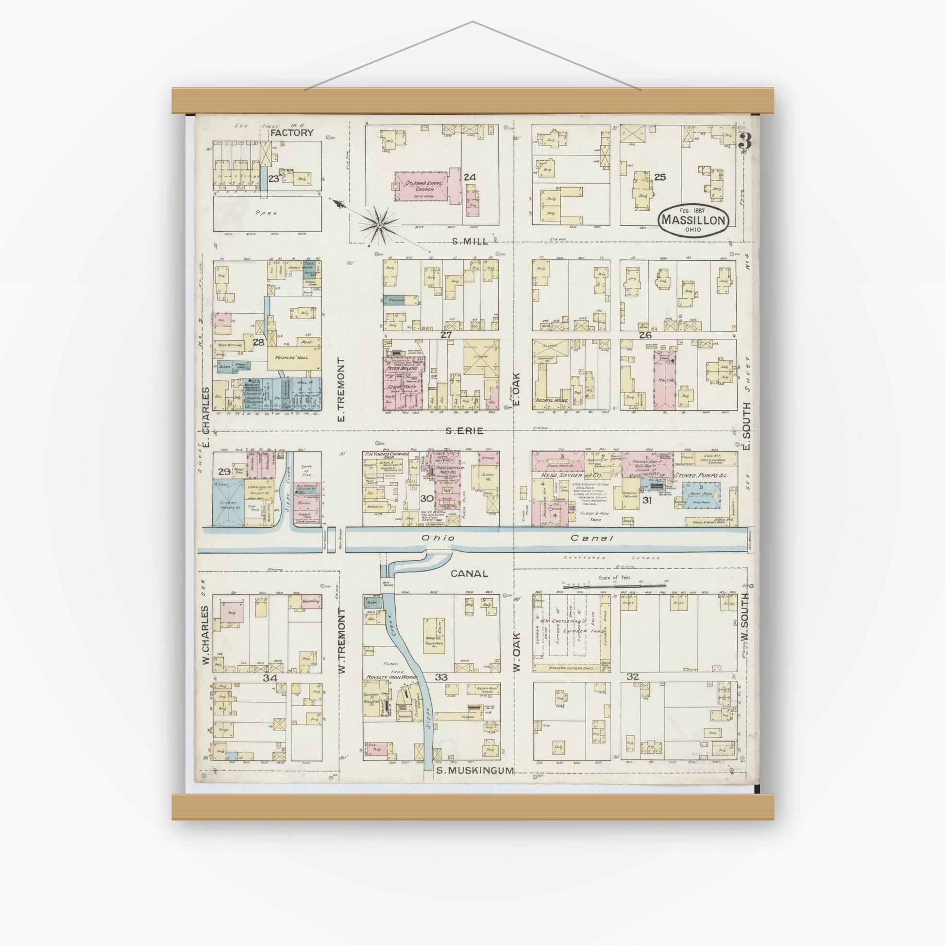 Old map wall art mockup — magnetic wood frame on white wall — Sanborn Fire Insurance Map from Massillon, Stark County, Ohio (1887), Sheet #0003