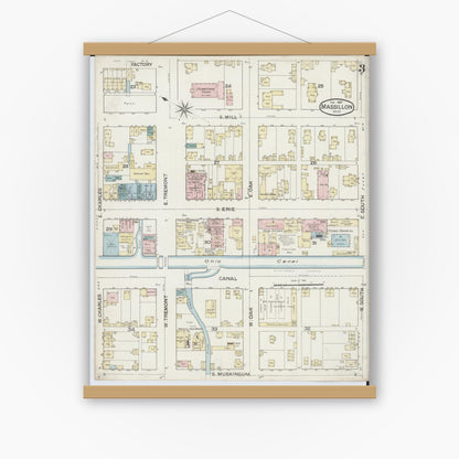 Old map wall art mockup — magnetic wood frame on white wall — Sanborn Fire Insurance Map from Massillon, Stark County, Ohio (1887), Sheet #0003