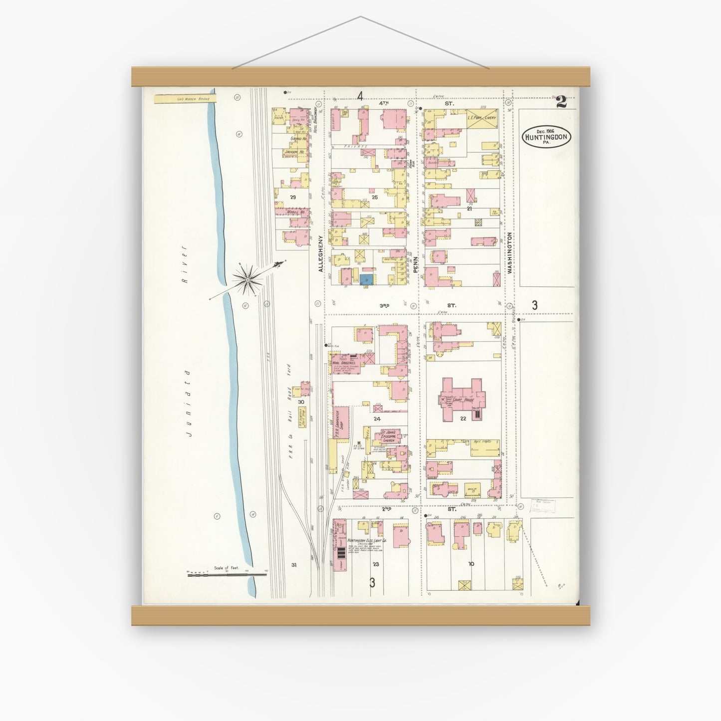 Old map wall art mockup — magnetic wood frame on white wall — Sanborn Fire Insurance Map from Huntingdon, Huntingdon County, Pennsylvania (1906), Sheet #0002