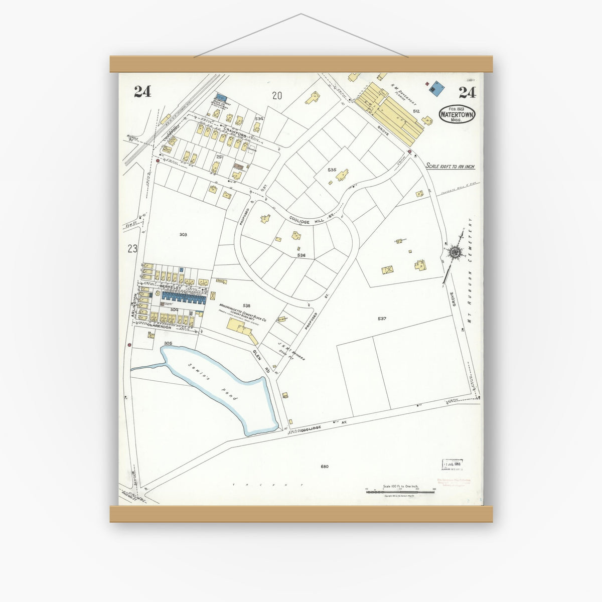 Old map wall art mockup — magnetic wood frame on white wall — Sanborn Fire Insurance Map from Watertown, Middlesex County, Massachusetts (1923), Sheet #0024