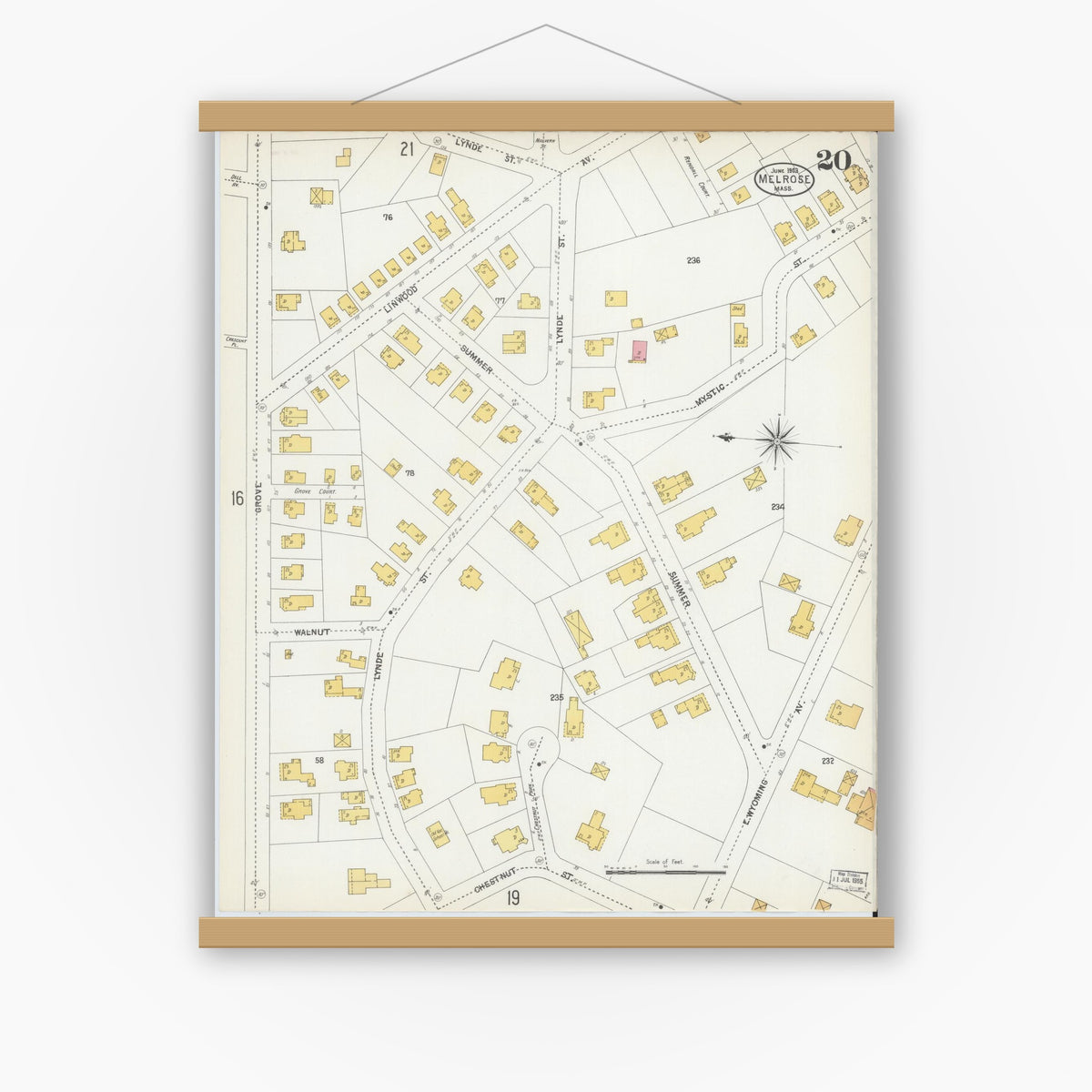 Old map wall art mockup — magnetic wood frame on white wall — Sanborn Fire Insurance Map from Melrose, Middlesex County, Massachusetts (1903), Sheet #0020