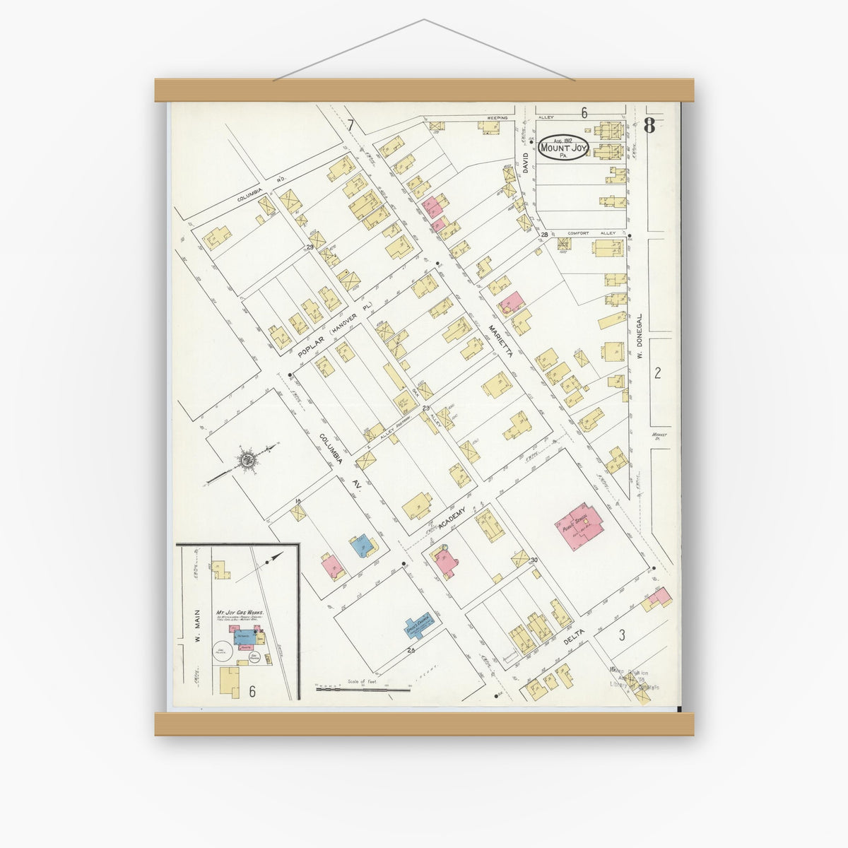 Old map wall art mockup — magnetic wood frame on white wall — Sanborn Fire Insurance Map from Mount Joy, Lancaster County, Pennsylvania (1912), Sheet #0008