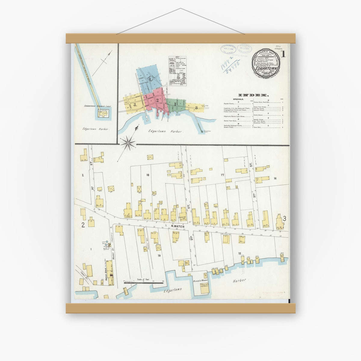 Old map wall art mockup — magnetic wood frame on white wall — Sanborn Fire Insurance Map from Edgartown, Dukes County, Massachusetts (1898) - Complete Map Set