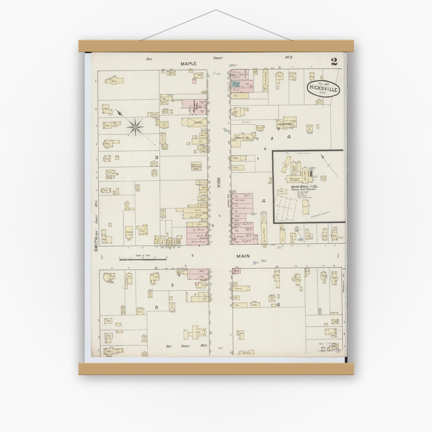 Old map wall art mockup — magnetic wood frame on white wall — Sanborn Fire Insurance Map from Hicksville, Defiance County, Ohio (1887), Sheet #0002
