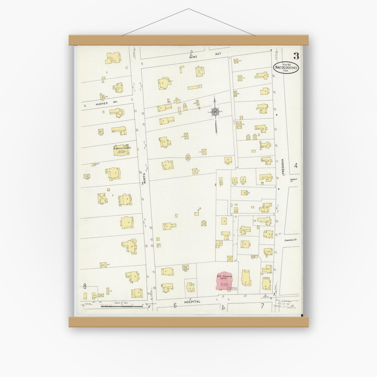 Old map wall art mockup — magnetic wood frame on white wall — Sanborn Fire Insurance Map from Nacogdoches, Nacogdoches County, Texas (1912), Sheet #0003