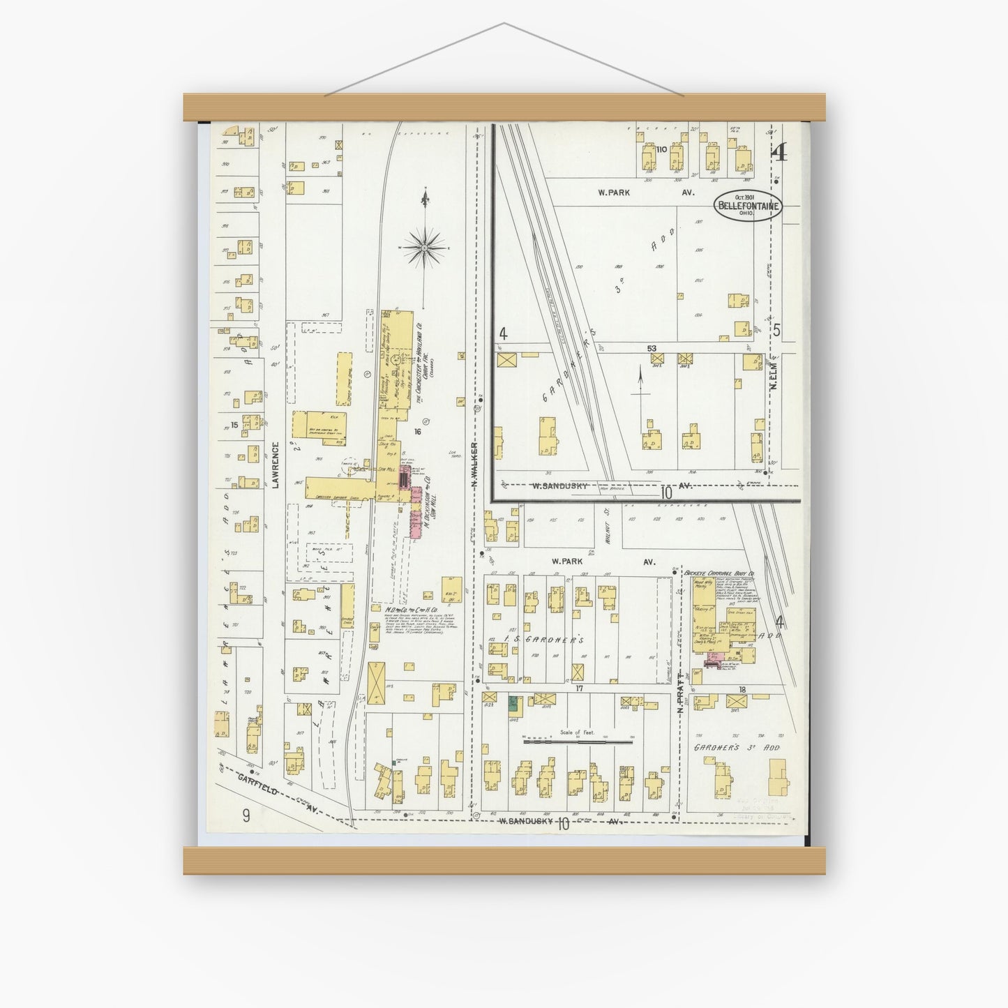 Old map wall art mockup — magnetic wood frame on white wall — Sanborn Fire Insurance Map from Bellefontaine, Logan County, Ohio (1901), Sheet #0004