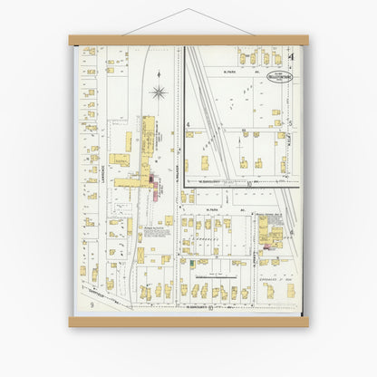 Old map wall art mockup — magnetic wood frame on white wall — Sanborn Fire Insurance Map from Bellefontaine, Logan County, Ohio (1901), Sheet #0004