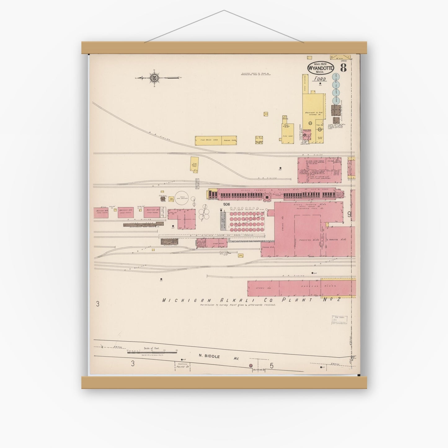 Old map wall art mockup — magnetic wood frame on white wall — Sanborn Fire Insurance Map from Wyandotte, Wayne County, Michigan (1922), Sheet #0008