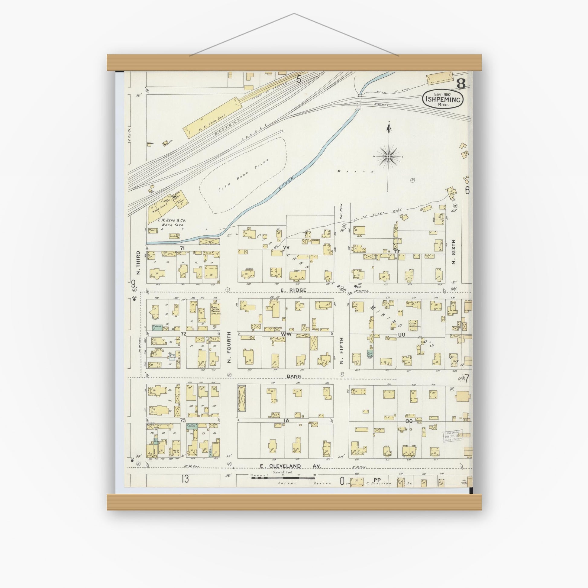 Old map wall art mockup — magnetic wood frame on white wall — Sanborn Fire Insurance Map from Ishpeming, Marquette County, Michigan (1897), Sheet #0008