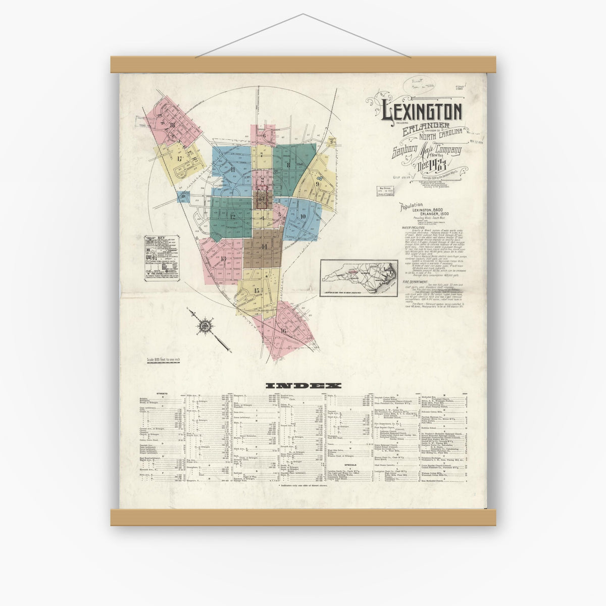 Old map wall art mockup — magnetic wood frame on white wall — Sanborn Fire Insurance Map from Lexington, Davidson County, North Carolina (1923) - Complete Map Set