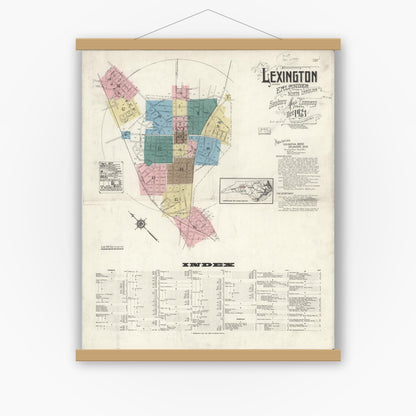 Old map wall art mockup — magnetic wood frame on white wall — Sanborn Fire Insurance Map from Lexington, Davidson County, North Carolina (1923) - Complete Map Set