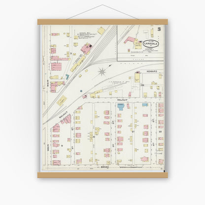 Old map wall art mockup — magnetic wood frame on white wall — Sanborn Fire Insurance Map from Lansdale, Montgomery County, Pennsylvania (1891), Sheet #0003