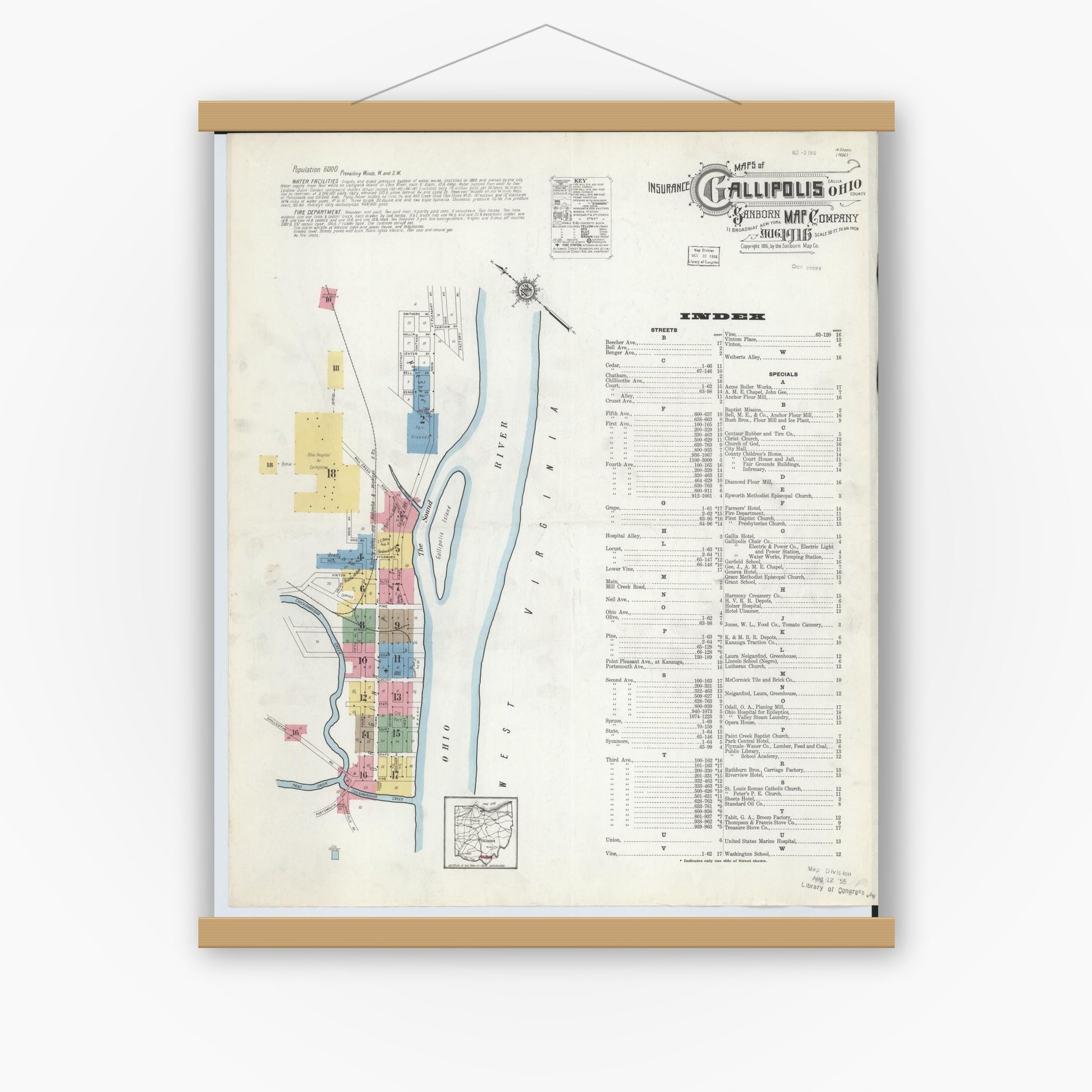 Old map wall art mockup — magnetic wood frame on white wall — Sanborn Fire Insurance Map from Gallipolis, Gallia County, Ohio (1916), Sheet #0001