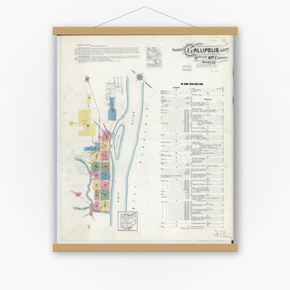 Old map wall art mockup — magnetic wood frame on white wall — Sanborn Fire Insurance Map from Gallipolis, Gallia County, Ohio (1916), Sheet #0001