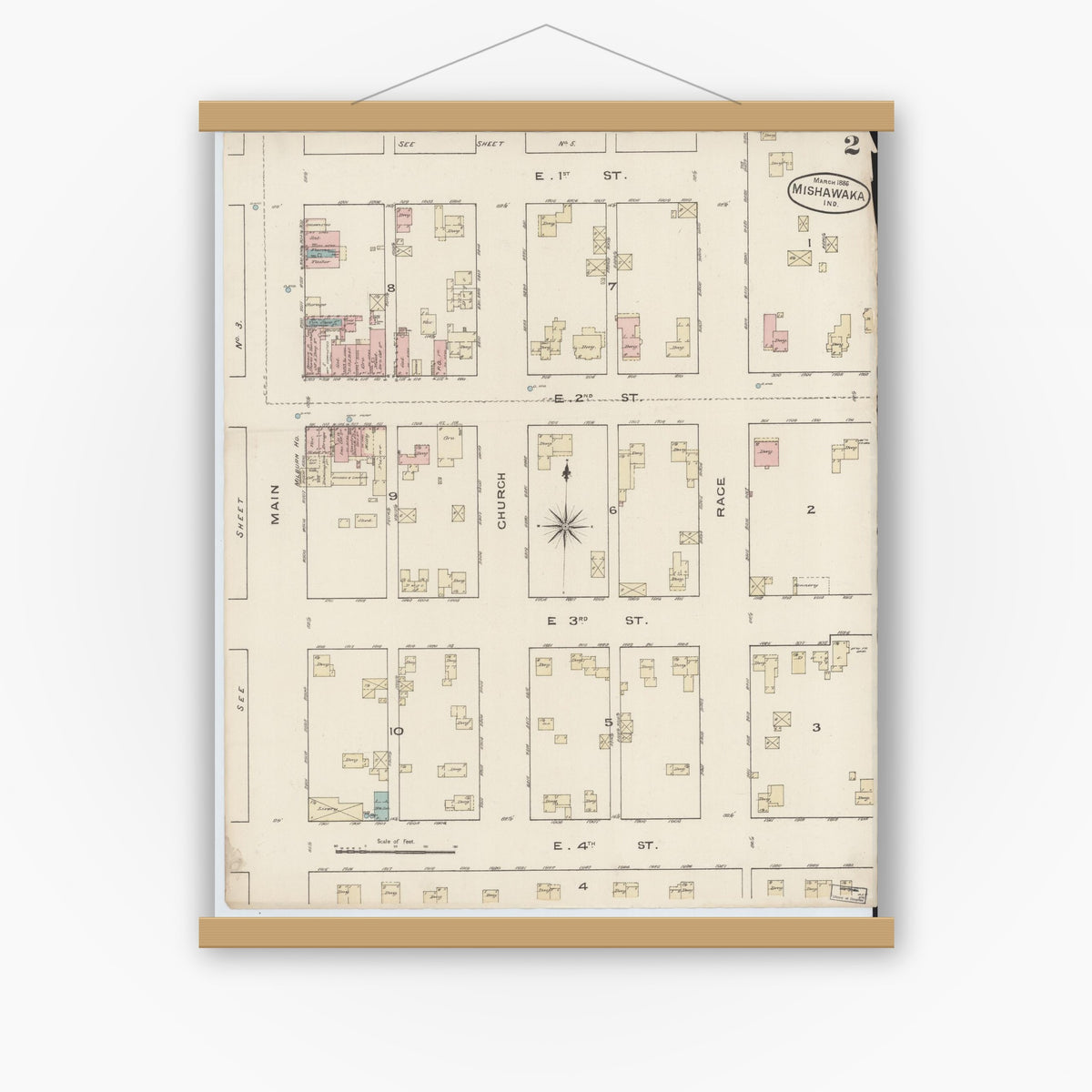 Old map wall art mockup — magnetic wood frame on white wall — Sanborn Fire Insurance Map from Mishawaka, Saint Joseph County, Indiana (1886), Sheet #0002
