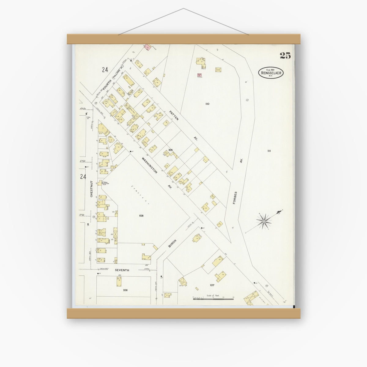 Old map wall art mockup — magnetic wood frame on white wall — Sanborn Fire Insurance Map from Rensselaer, Rensselaer County, New York (1909), Sheet #0025