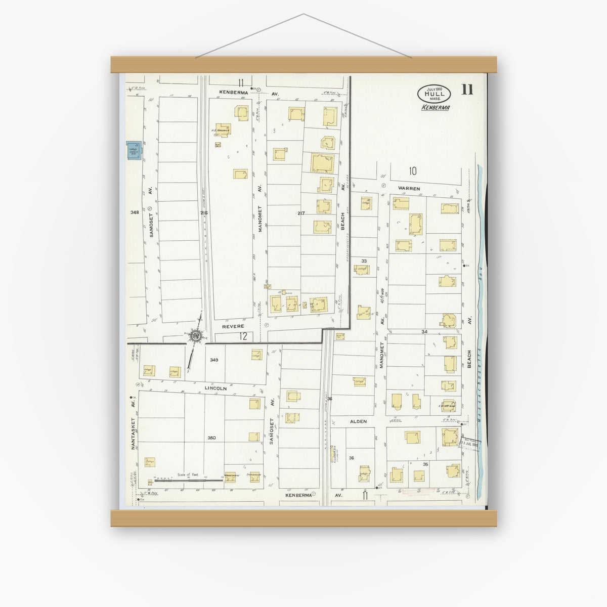 Old map wall art mockup — magnetic wood frame on white wall — Sanborn Fire Insurance Map from Hull, Plymouth County, Massachusetts (1910), Sheet #0011