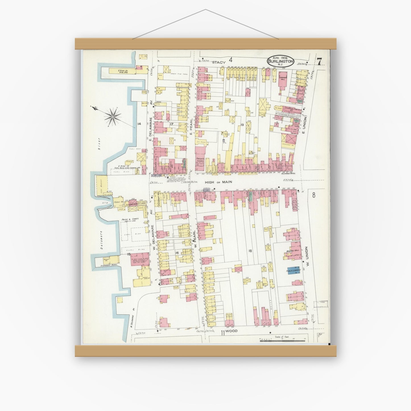 Old map wall art mockup — magnetic wood frame on white wall — Sanborn Fire Insurance Map from Burlington, Burlington County, New Jersey (1908), Sheet #0006