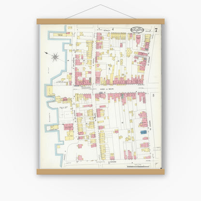Old map wall art mockup — magnetic wood frame on white wall — Sanborn Fire Insurance Map from Burlington, Burlington County, New Jersey (1908), Sheet #0006