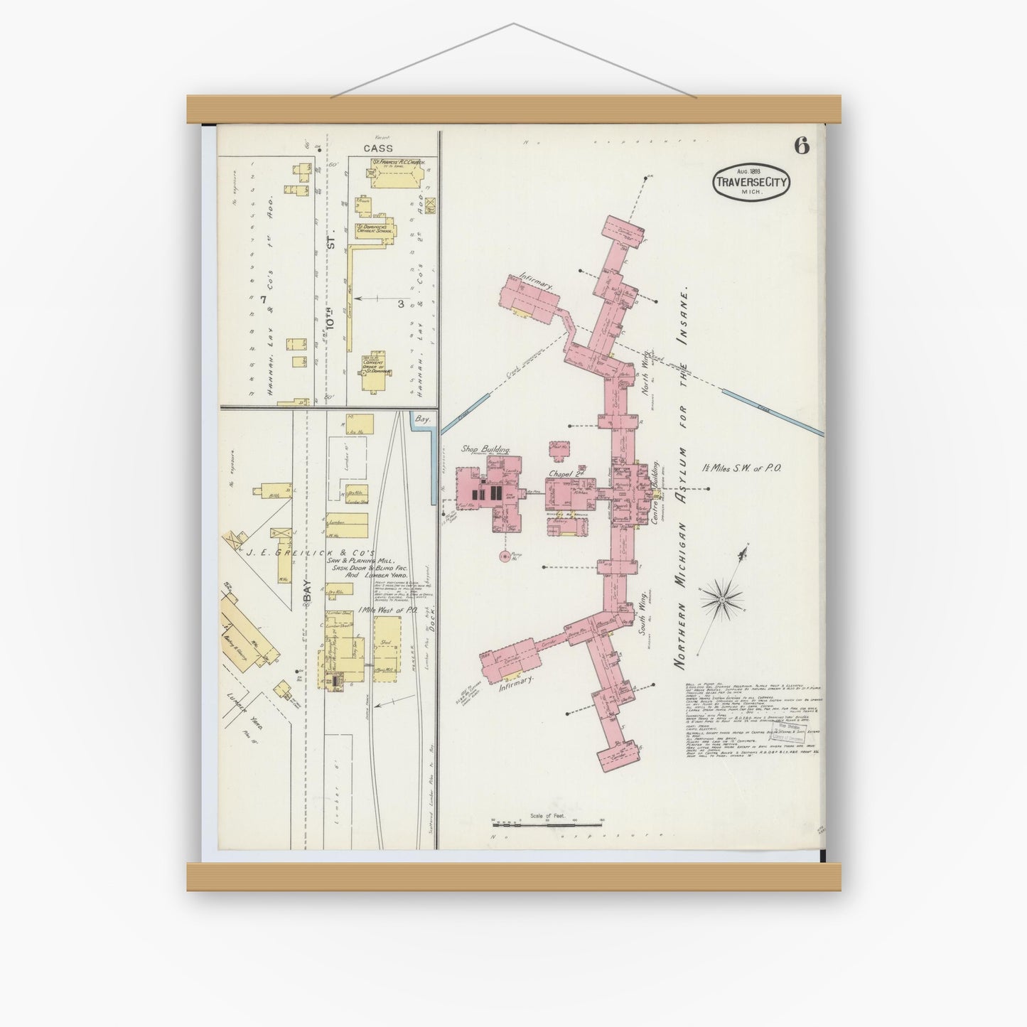 Old map wall art mockup — magnetic wood frame on white wall — Sanborn Fire Insurance Map from Traverse City, Grand Traverse County, Michigan (1893), Sheet #0006