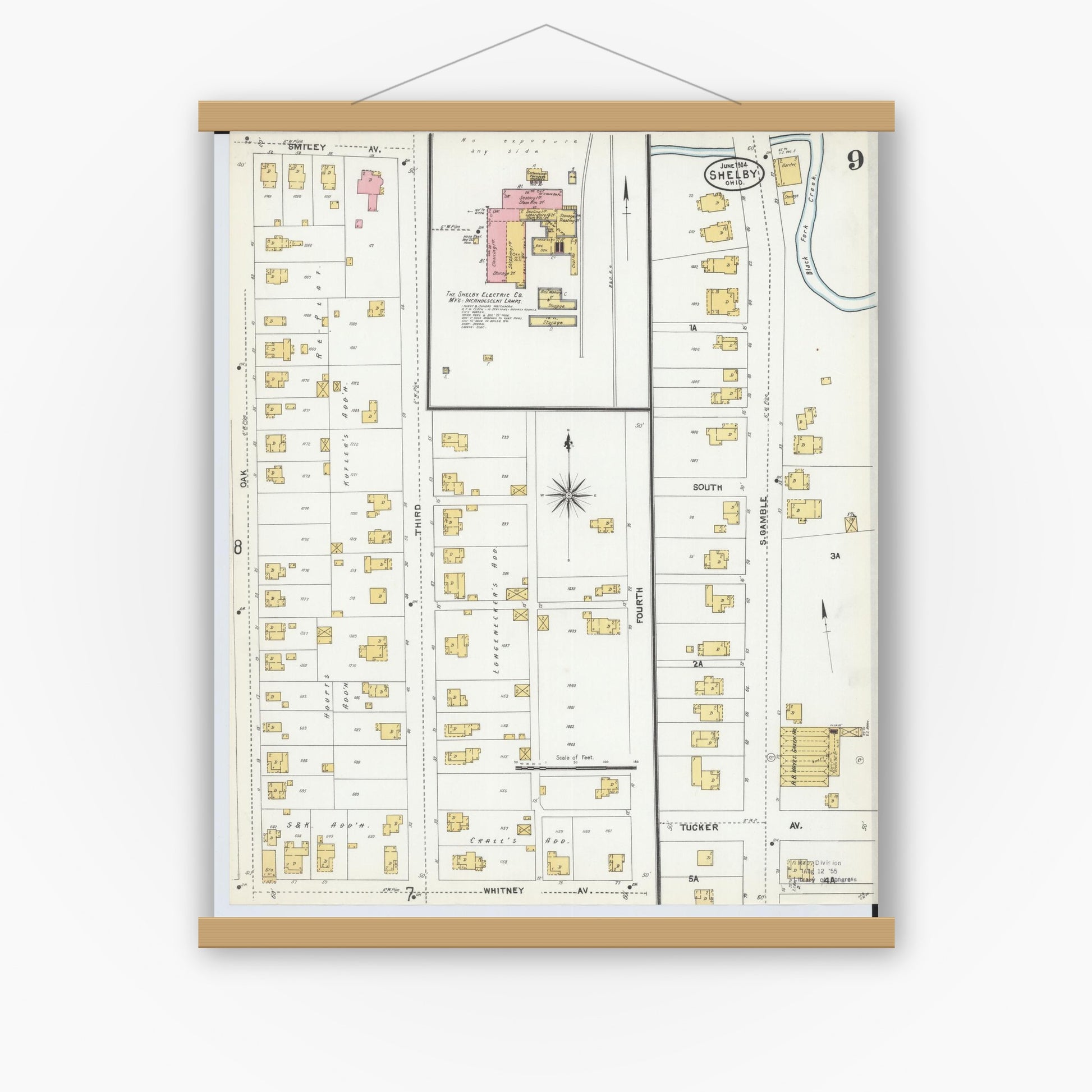 Old map wall art mockup — magnetic wood frame on white wall — Sanborn Fire Insurance Map from Shelby, Richland County, Ohio (1904), Sheet #0009