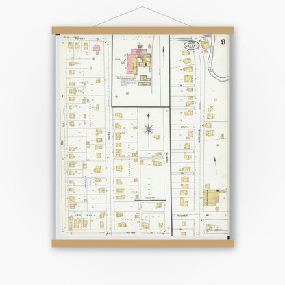 Old map wall art mockup — magnetic wood frame on white wall — Sanborn Fire Insurance Map from Shelby, Richland County, Ohio (1904), Sheet #0009