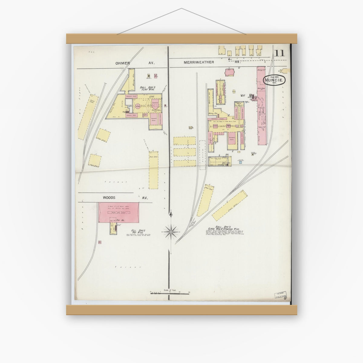 Old map wall art mockup — magnetic wood frame on white wall — Sanborn Fire Insurance Map from Muncie, Delaware County, Indiana (1892), Sheet #0011