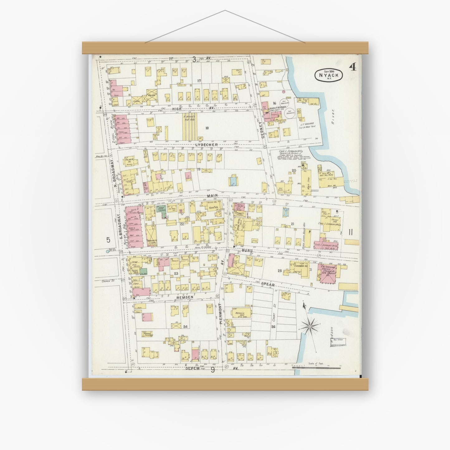 Old map wall art mockup — magnetic wood frame on white wall — Sanborn Fire Insurance Map from Nyack, Rockland County, New York. (1896), Sheet #0004