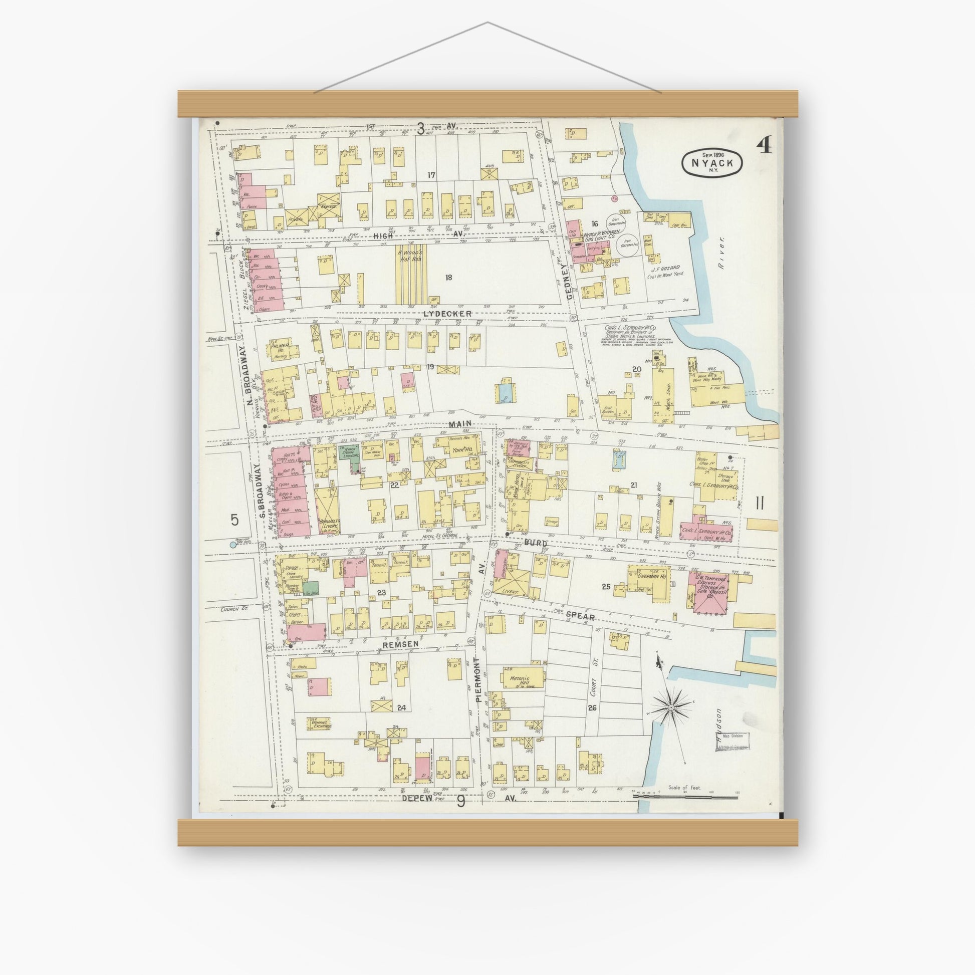 Old map wall art mockup — magnetic wood frame on white wall — Sanborn Fire Insurance Map from Nyack, Rockland County, New York. (1896), Sheet #0004