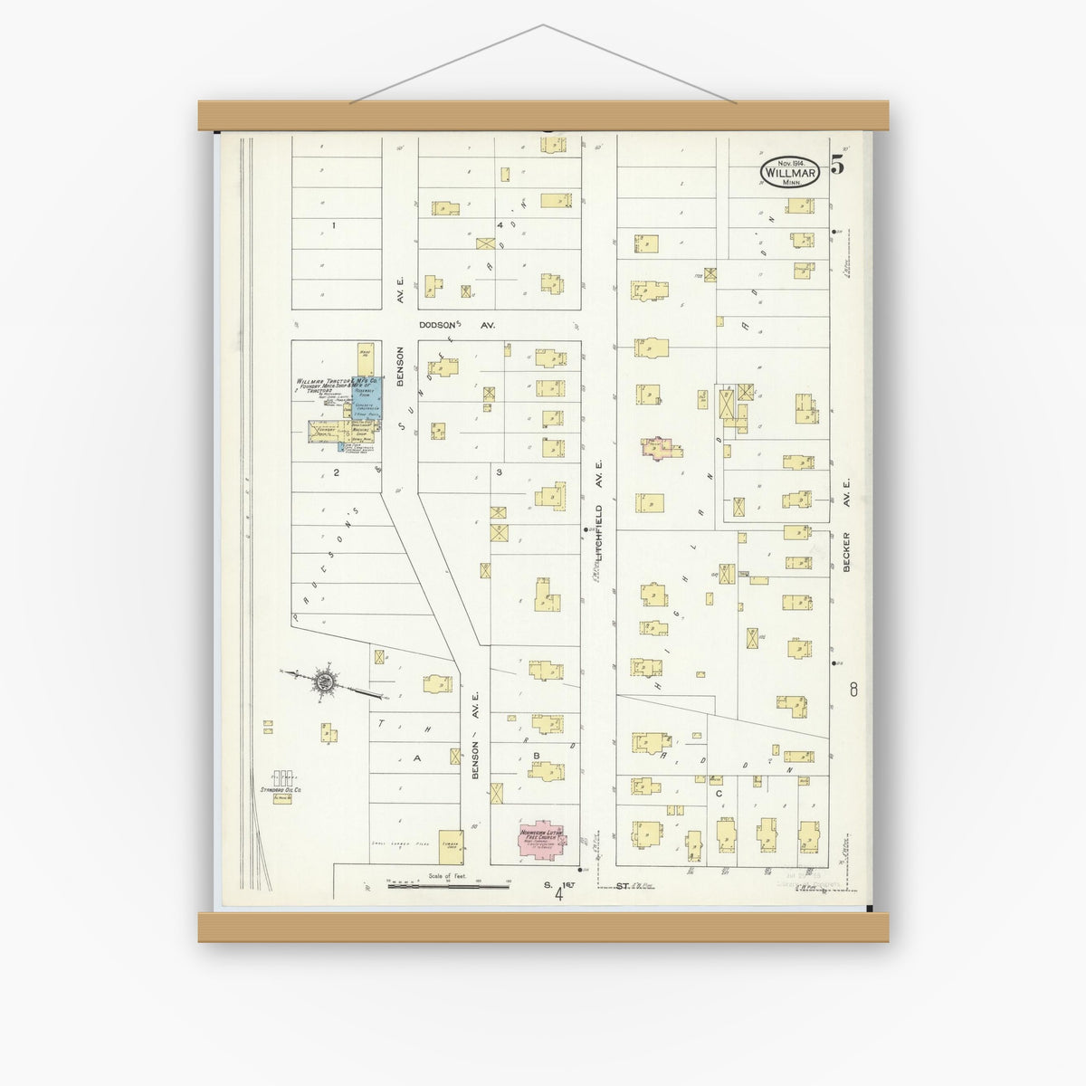Old map wall art mockup — magnetic wood frame on white wall — Sanborn Fire Insurance Map from Willmar, Kandiyohi County, Minnesota (1914), Sheet #0005