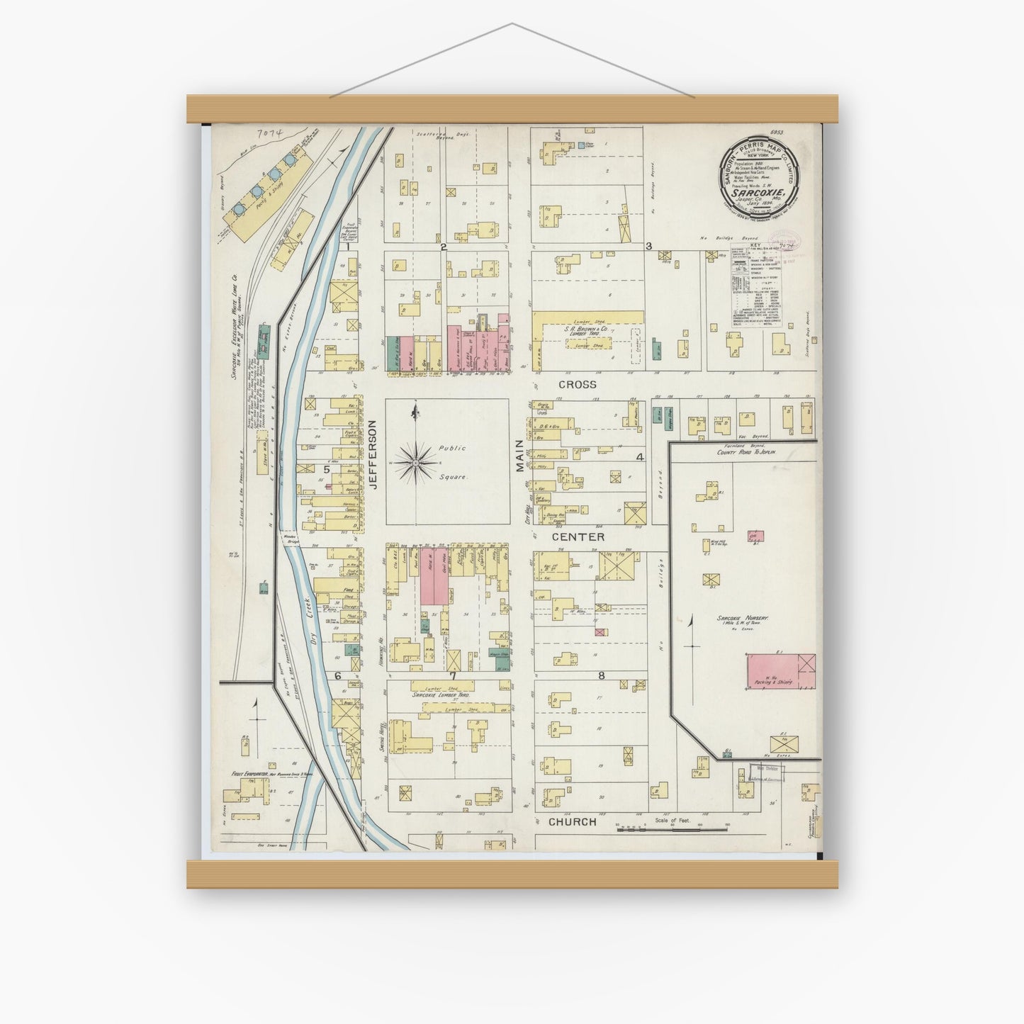 Old map wall art mockup — magnetic wood frame on white wall — Sanborn Fire Insurance Map from Sarcoxie, Jasper County, Missouri (1894), Sheet #0001