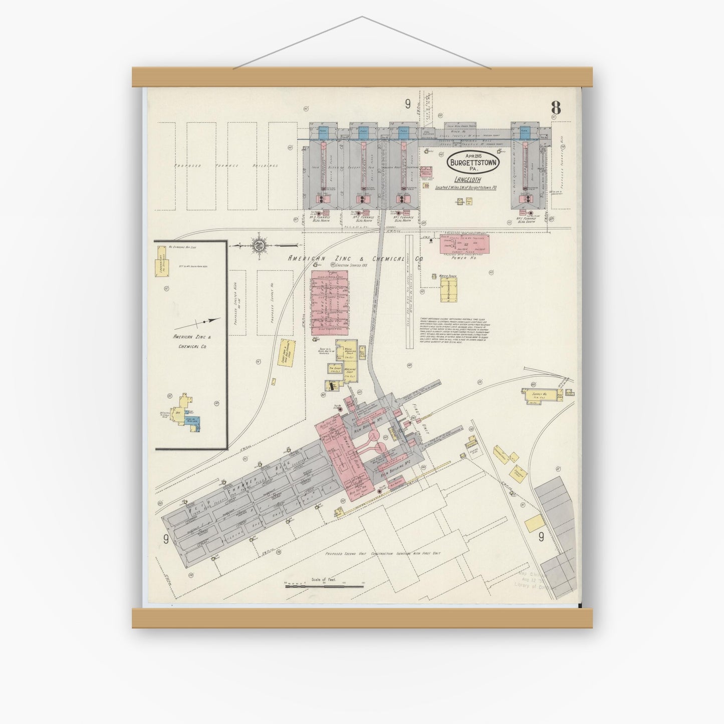Old map wall art mockup — magnetic wood frame on white wall — Sanborn Fire Insurance Map from Burgettstown, Washington County, Pennsylvania (1915), Sheet #0008