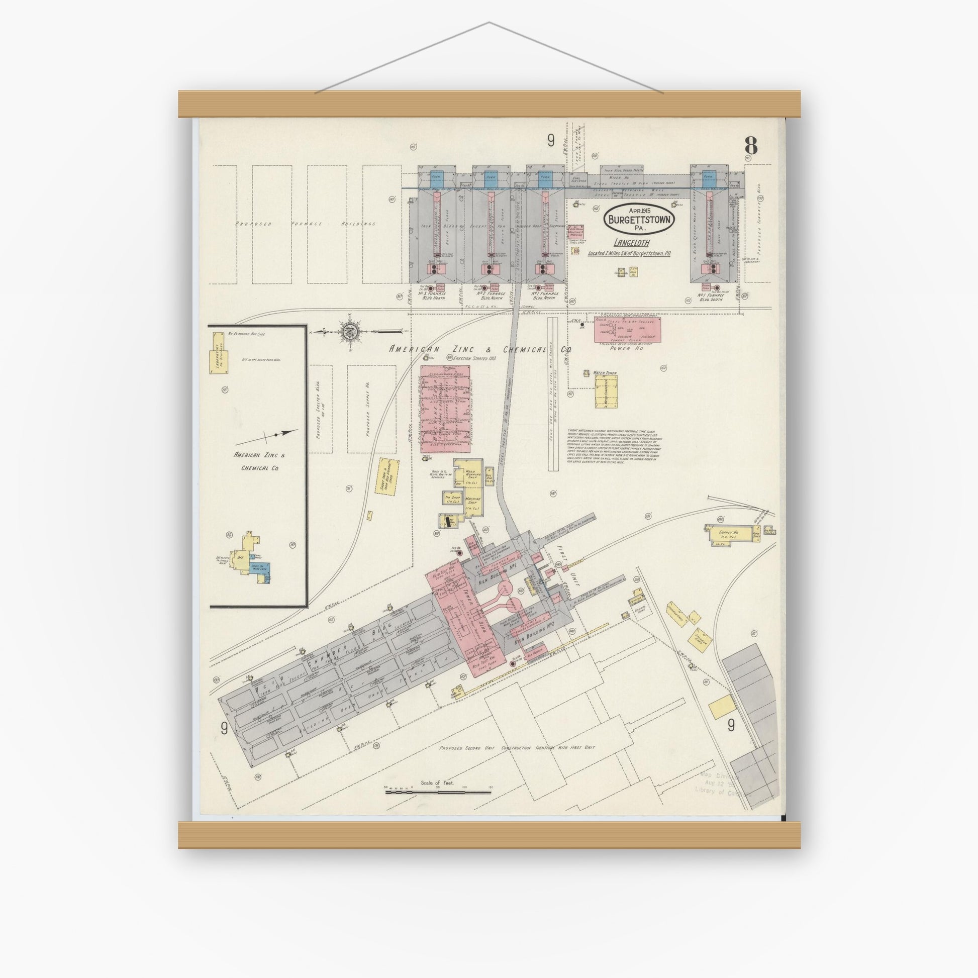Old map wall art mockup — magnetic wood frame on white wall — Sanborn Fire Insurance Map from Burgettstown, Washington County, Pennsylvania (1915), Sheet #0008