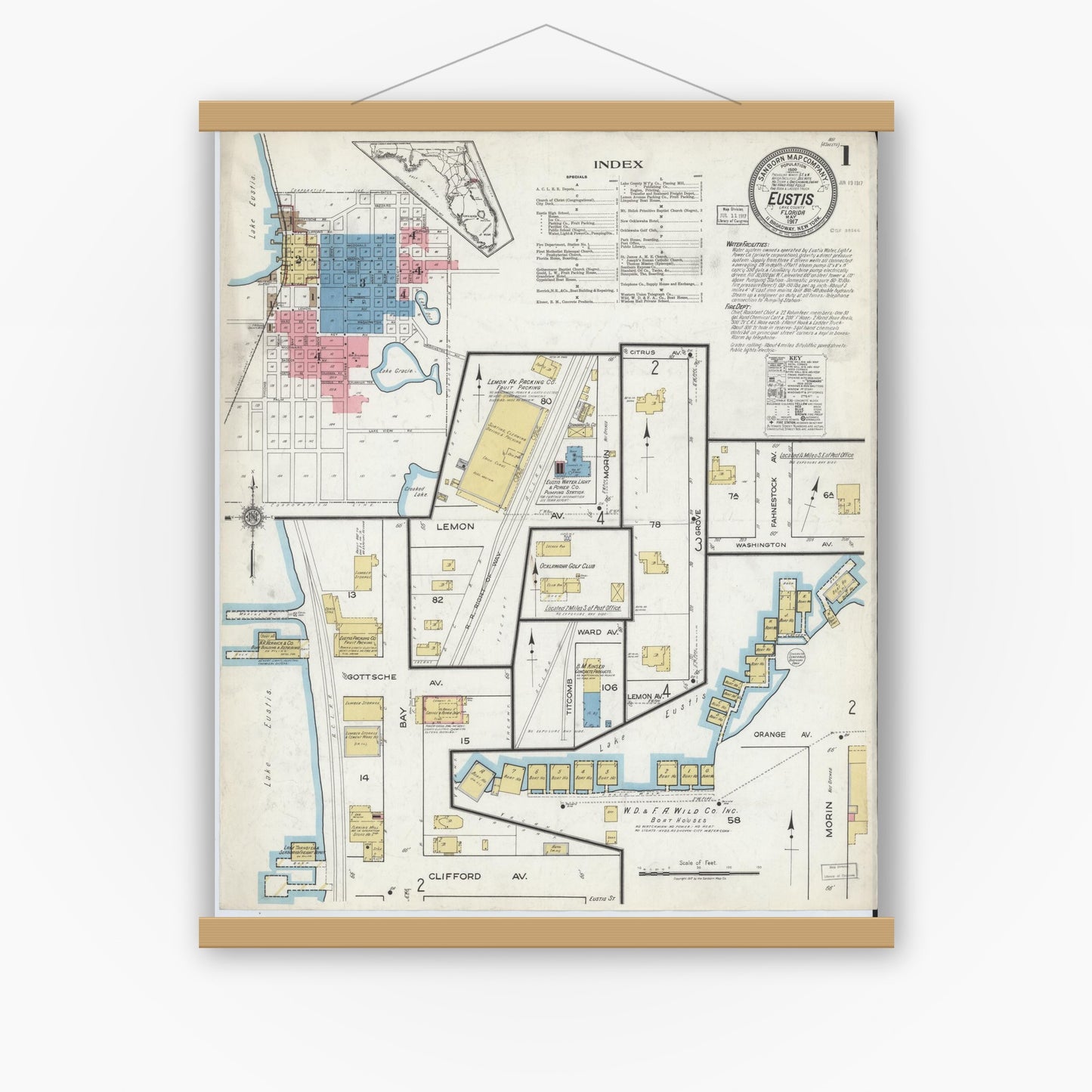 Old map wall art mockup — magnetic wood frame on white wall — Sanborn Fire Insurance Map from Eustis, Lake County, Florida (1917) - Complete Map Set