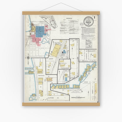 Old map wall art mockup — magnetic wood frame on white wall — Sanborn Fire Insurance Map from Eustis, Lake County, Florida (1917) - Complete Map Set