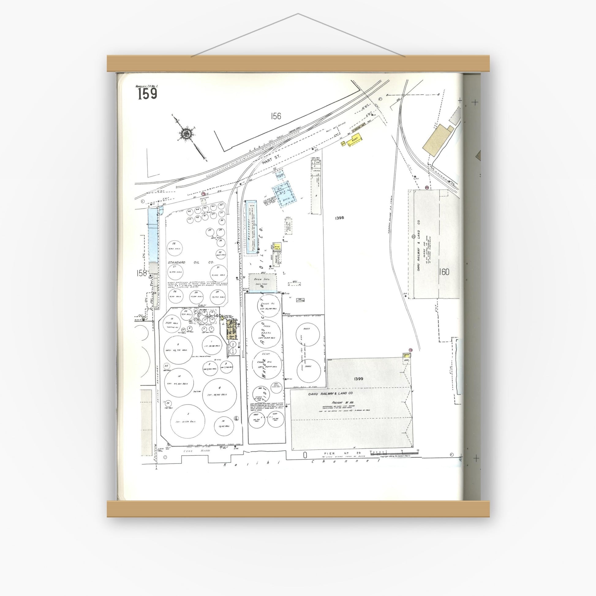Old map wall art mockup — magnetic wood frame on white wall — Sanborn Fire Insurance Map from Honolulu, Oahu County, Hawaii (1955), Sheet #0159