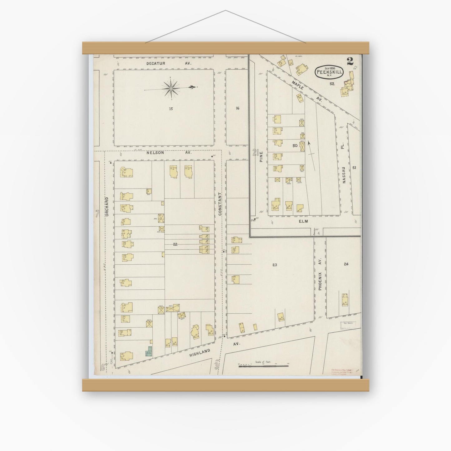 Old map wall art mockup — magnetic wood frame on white wall — Sanborn Fire Insurance Map from Peekskill, Westchester County, New York (1895) - Complete Map Set