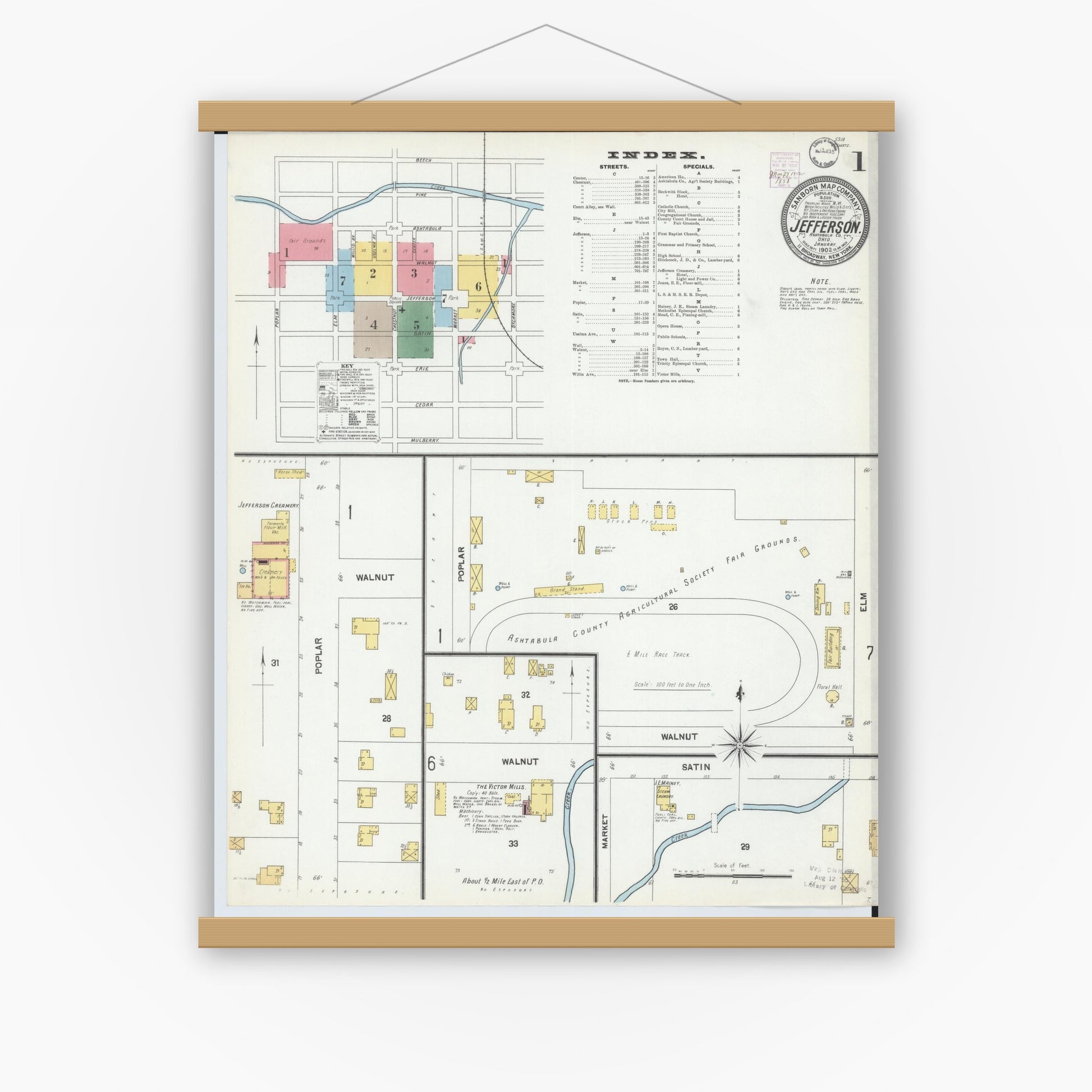 Old map wall art mockup — magnetic wood frame on white wall — Sanborn Fire Insurance Map from Jefferson, Ashtabula County, Ohio (1902) - Complete Map Set