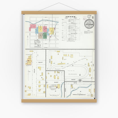 Old map wall art mockup — magnetic wood frame on white wall — Sanborn Fire Insurance Map from Jefferson, Ashtabula County, Ohio (1902) - Complete Map Set