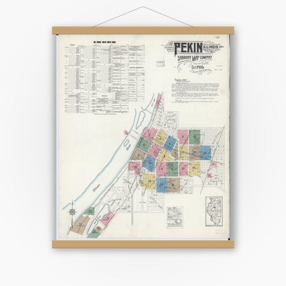 Old map wall art mockup — magnetic wood frame on white wall — Sanborn Fire Insurance Map from Pekin, Tazewell County, Illinois (1916) - Complete Map Set