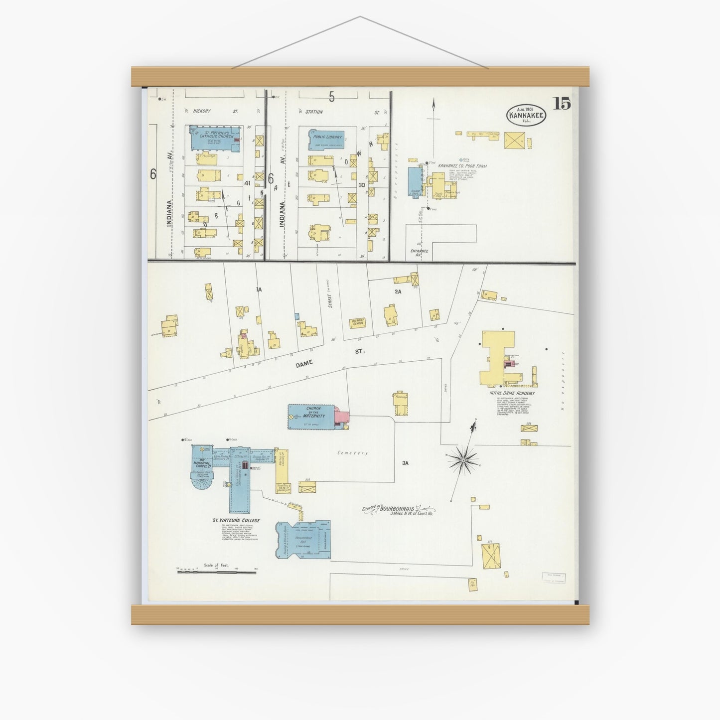 Old map wall art mockup — magnetic wood frame on white wall — Sanborn Fire Insurance Map from Kankakee, Kankakee County, Illinois (1901), Sheet #0015