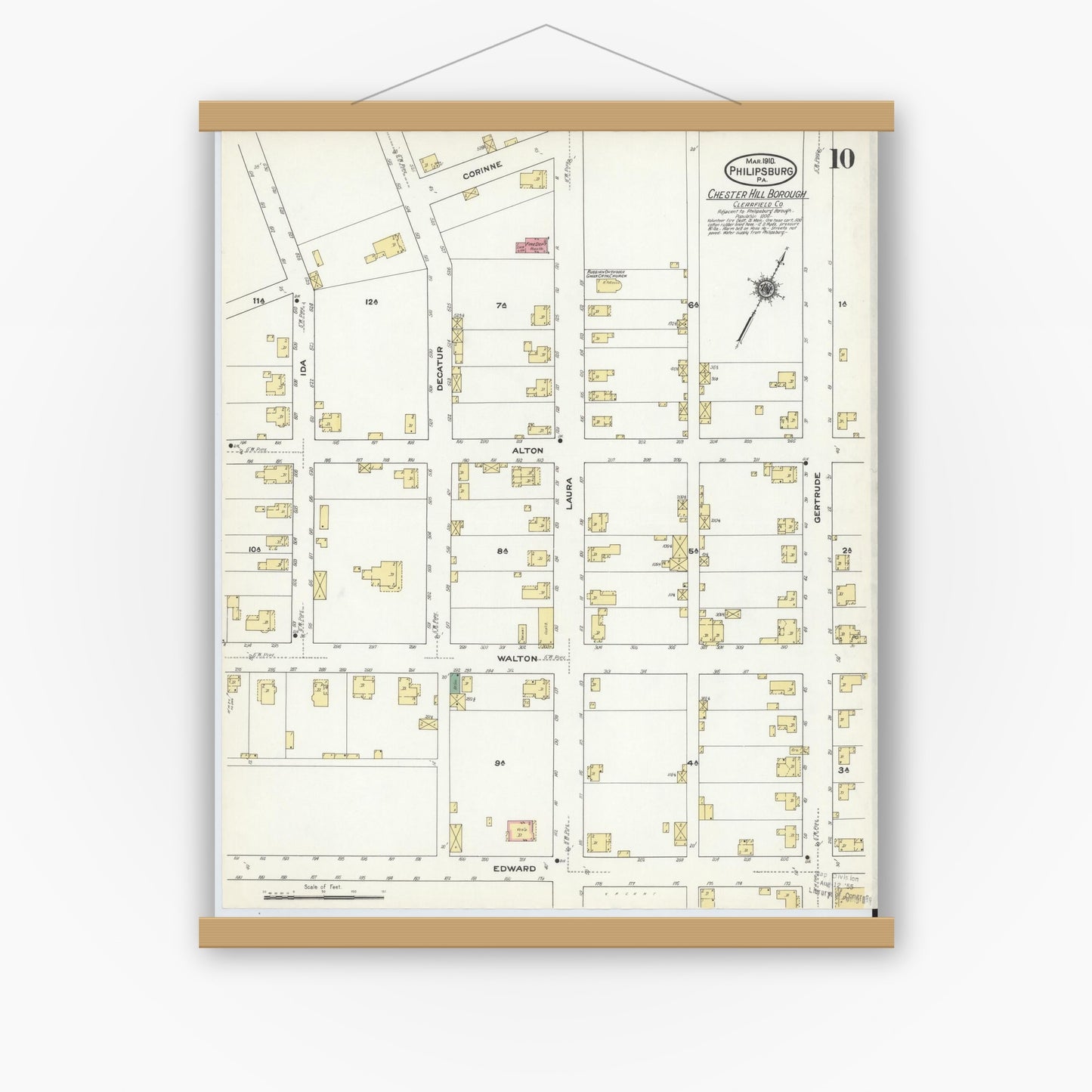 Old map wall art mockup — magnetic wood frame on white wall — Sanborn Fire Insurance Map from Philipsburg, Centre County, Pennsylvania (1910), Sheet #0010