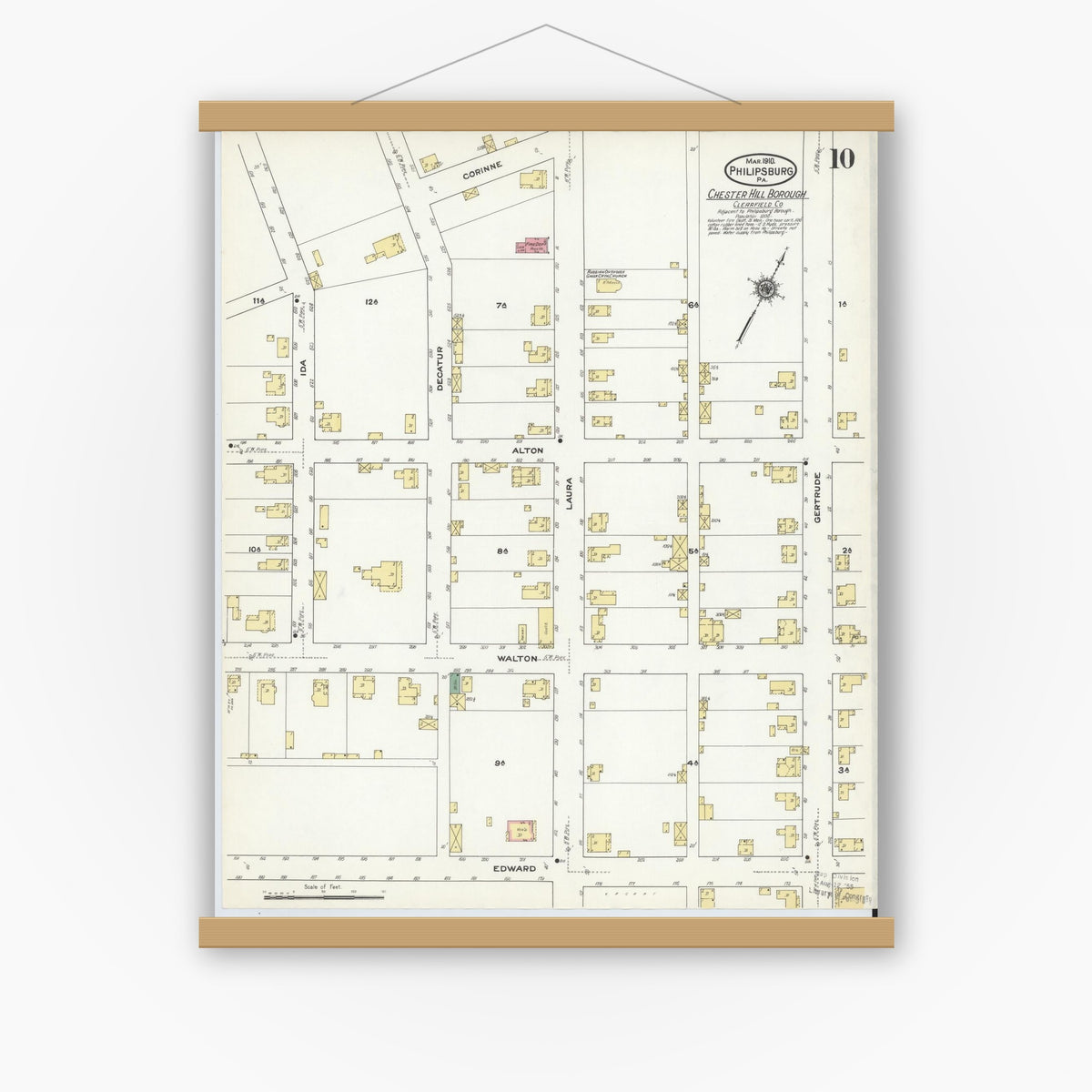 Old map wall art mockup — magnetic wood frame on white wall — Sanborn Fire Insurance Map from Philipsburg, Centre County, Pennsylvania (1910), Sheet #0010