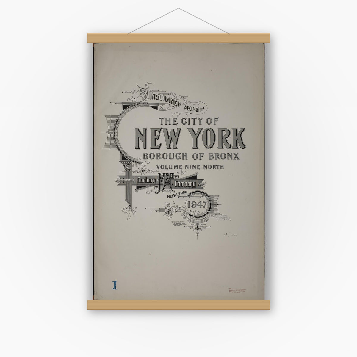 Old map wall art mockup — magnetic wood frame on white wall — Sanborn Fire Insurance Map from New York, Bronx, Manhattan, New York (1947), Sheet #0001